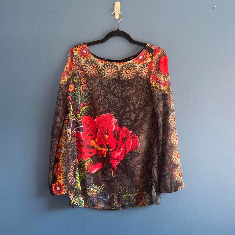 Y2K Desigual Sheer Blouse Women's Size Small Floral Glitter Boho Hippie 2000s